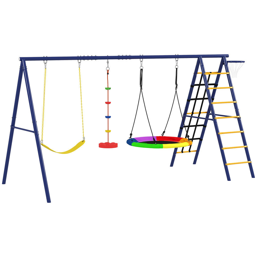 Aiyaplay columpios para niños de +3 años 6 en 1 columpios jardín exterior con columpio nido cuerda con disco red para escalar escalera y aro de baloncesto multicolor