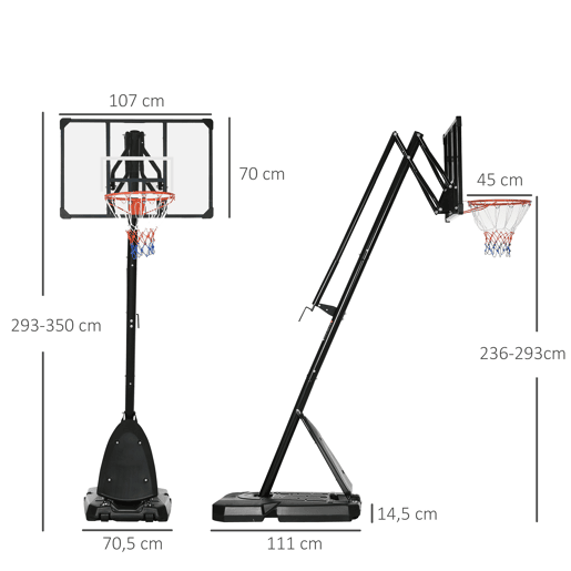 SPORTNOW Cesta de Basquetebol para Exterior Altura Ajustável 236-293 cm com Painel de PC Aro de Basquetebol com Rodas Base Recarregável para Adolescentes e Adultos Preto