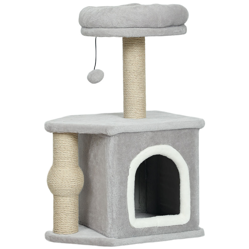 Pawhut rascador para gatos altura 66 cm árbol para gatos torre de escalada con cama cueva plataforma bola colgante y poste de yute gris claro