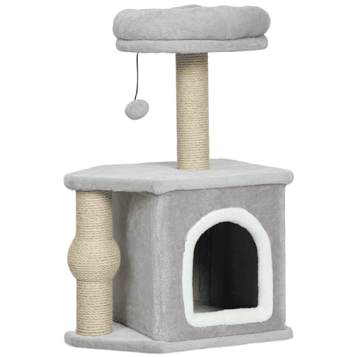 PawHut Arranhador para Gatos Altura 66 cm Arranhador para Gatos com Cama Caverna Plataforma Bola Suspensa e Poste de Juta 42x30x66 cm Cinza