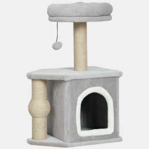 PawHut Arranhador para Gatos Altura 66 cm Arranhador para Gatos com Cama Caverna Plataforma Bola Suspensa e Poste de Juta 42x30x66 cm Cinza