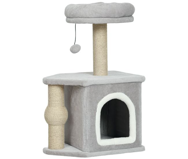 Pawhut rascador para gatos altura 66 cm árbol para gatos torre de escalada con cama cueva plataforma bola colgante y poste de yute gris claro