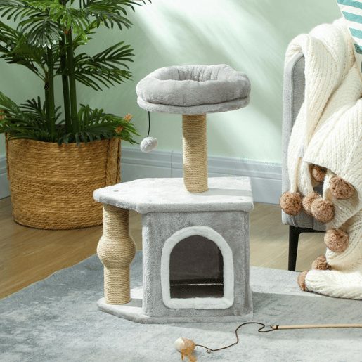 PawHut Arranhador para Gatos Altura 66 cm Arranhador para Gatos com Cama Caverna Plataforma Bola Suspensa e Poste de Juta 42x30x66 cm Cinza