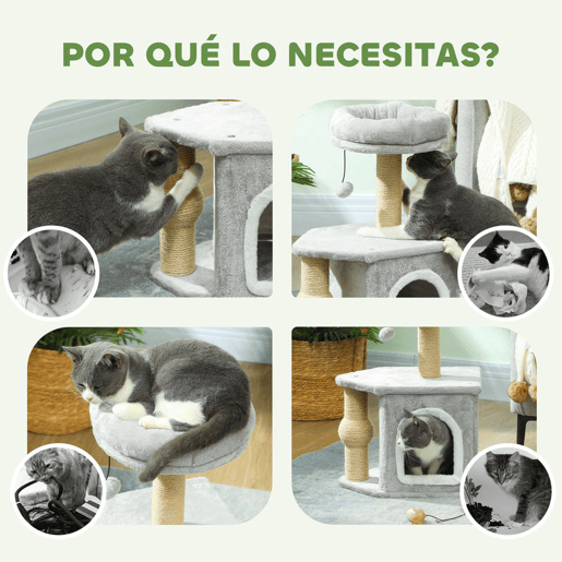 PawHut Arranhador para Gatos Altura 66 cm Arranhador para Gatos com Cama Caverna Plataforma Bola Suspensa e Poste de Juta 42x30x66 cm Cinza