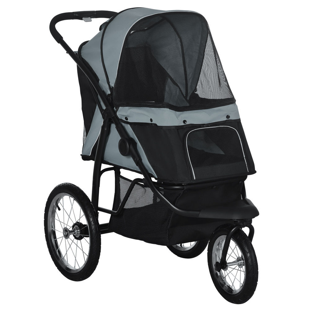 Pawhut carrito para perros plegable cochecito para mascotas carrito para perros medianos pequeños con cesta capota ajustable ventana de malla y 3 ruedas grandes carga 20 kg 111x58x107 cm gris