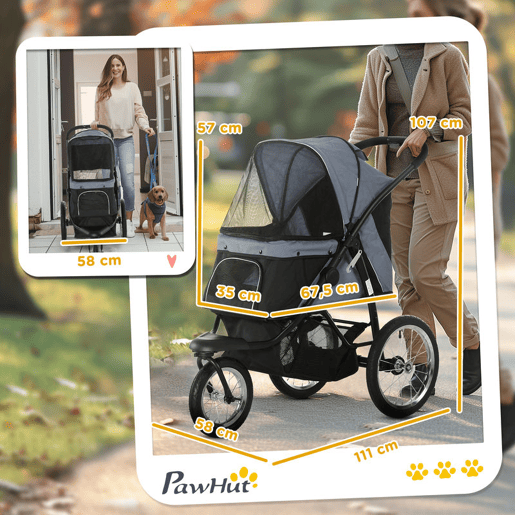 PawHut Carrinho para Cães Dobrável Carrinho para Animais de Estimação Carrinho para Cães Médios e Pequenos com Cesta de Armazenamento Capota Ajustável Janela de Malha e 3 Rodas Grandes 111x58x107 cm Cinza