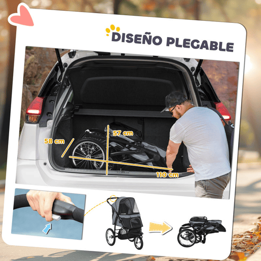 PawHut Carrinho para Cães Dobrável Carrinho para Animais de Estimação Carrinho para Cães Médios e Pequenos com Cesta de Armazenamento Capota Ajustável Janela de Malha e 3 Rodas Grandes 111x58x107 cm Cinza