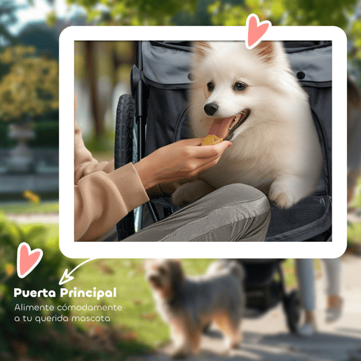 PawHut Carrinho para Cães Dobrável Carrinho para Animais de Estimação Carrinho para Cães Médios e Pequenos com Cesta de Armazenamento Capota Ajustável Janela de Malha e 3 Rodas Grandes 111x58x107 cm Cinza