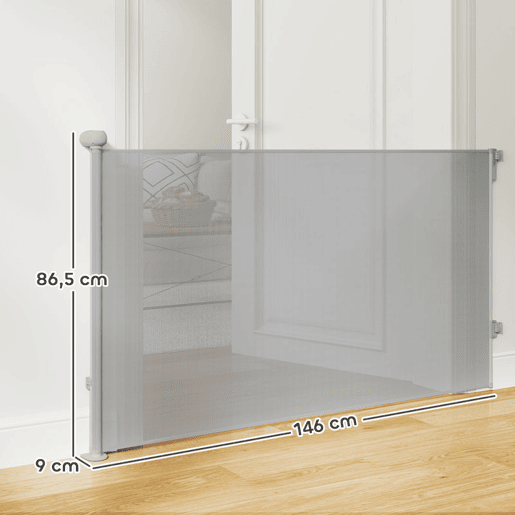 PawHut Barreira para Cães Retráctil 0-140 cm Porta para Cães Pequenos Extensível Barreira de Segurança para Animais de Estimação com Botão de Fecho para Escadas Portas e Corredores 146x9x86,5 cm Cinza