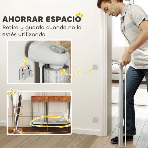 PawHut Barreira para Cães Retráctil 0-140 cm Porta para Cães Pequenos Extensível Barreira de Segurança para Animais de Estimação com Botão de Fecho para Escadas Portas e Corredores 146x9x86,5 cm Cinza