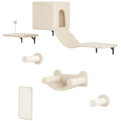 PawHut Conjunto de Prateleiras de Escalada para Gatos de 6 Peças Prateleiras para Gatos com Caverna Plataforma Rede Escadas Placa para Arranhar Poste de Sisal e Bola de Brinquedo Bege