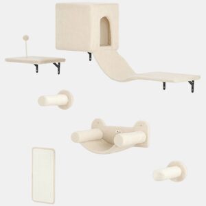 PawHut Conjunto de Prateleiras de Escalada para Gatos de 6 Peças Prateleiras para Gatos com Caverna Plataforma Rede Escadas Placa para Arranhar Poste de Sisal e Bola de Brinquedo Bege