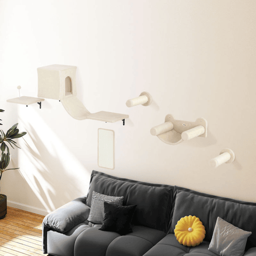 PawHut Conjunto de Prateleiras de Escalada para Gatos de 6 Peças Prateleiras para Gatos com Caverna Plataforma Rede Escadas Placa para Arranhar Poste de Sisal e Bola de Brinquedo Bege