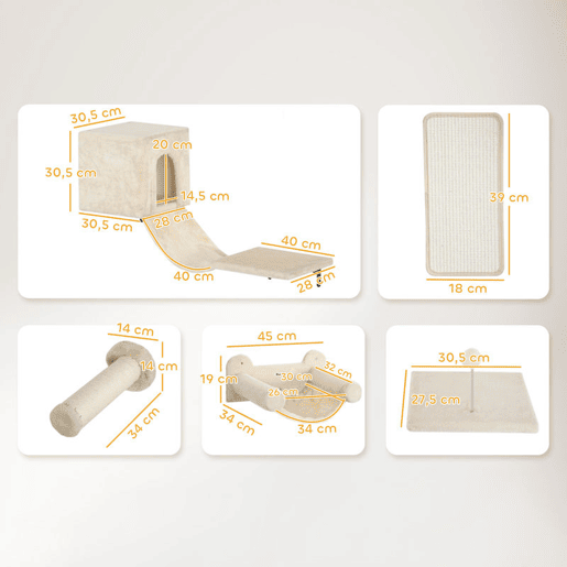 PawHut Conjunto de Prateleiras de Escalada para Gatos de 6 Peças Prateleiras para Gatos com Caverna Plataforma Rede Escadas Placa para Arranhar Poste de Sisal e Bola de Brinquedo Bege