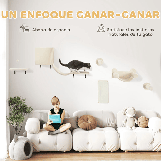 PawHut Conjunto de Prateleiras de Escalada para Gatos de 6 Peças Prateleiras para Gatos com Caverna Plataforma Rede Escadas Placa para Arranhar Poste de Sisal e Bola de Brinquedo Bege