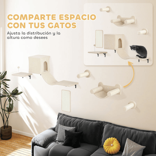 PawHut Conjunto de Prateleiras de Escalada para Gatos de 6 Peças Prateleiras para Gatos com Caverna Plataforma Rede Escadas Placa para Arranhar Poste de Sisal e Bola de Brinquedo Bege