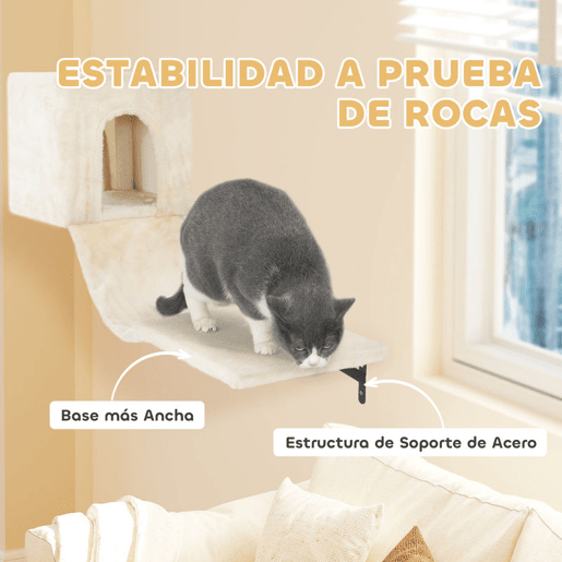 PawHut Conjunto de Prateleiras de Escalada para Gatos de 6 Peças Prateleiras para Gatos com Caverna Plataforma Rede Escadas Placa para Arranhar Poste de Sisal e Bola de Brinquedo Bege