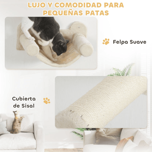 PawHut Conjunto de Prateleiras de Escalada para Gatos de 6 Peças Prateleiras para Gatos com Caverna Plataforma Rede Escadas Placa para Arranhar Poste de Sisal e Bola de Brinquedo Bege