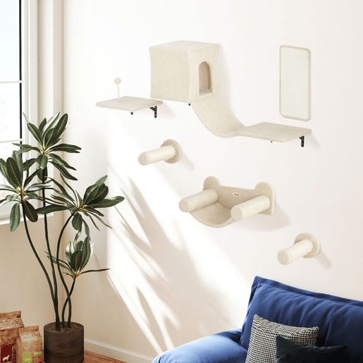PawHut Conjunto de Prateleiras de Escalada para Gatos de 6 Peças Prateleiras para Gatos com Caverna Plataforma Rede Escadas Placa para Arranhar Poste de Sisal e Bola de Brinquedo Bege