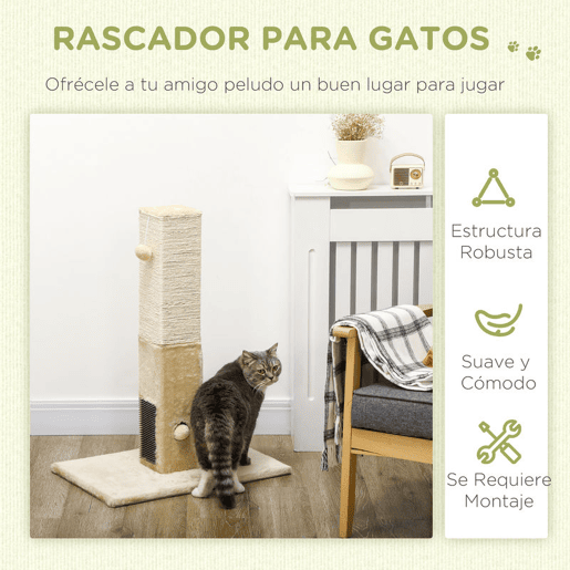 PawHut Poste Arranhador para Gatos 79 cm Arranhador para Gatos com Bola Suspensa e Poste de Juta 59,5x39x79 cm Creme e Bege