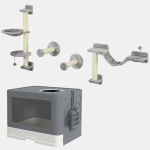 PawHut Conjunto para Animais de Estimação inclui 1 Rack de Escalada para Gatos Montado na Parede de 4 Peças e 1 Caixa de Areia para Gatos Coberta com Escova Pá e 2 portas cinza