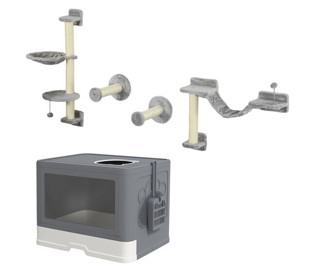 Pawhut conjunto para mascotas incluye 1 estante de escalada para gatos de pared de 4 piezas y 1 arenero para gatos con cubierto pala cepillo 2 puertas