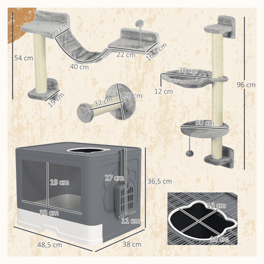 PawHut Conjunto para Animais de Estimação inclui 1 Rack de Escalada para Gatos Montado na Parede de 4 Peças e 1 Caixa de Areia para Gatos Coberta com Escova Pá e 2 portas cinza
