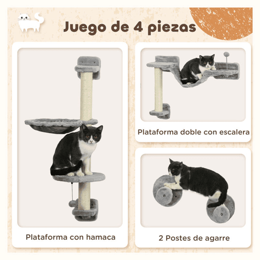 PawHut Conjunto para Animais de Estimação inclui 1 Rack de Escalada para Gatos Montado na Parede de 4 Peças e 1 Caixa de Areia para Gatos Coberta com Escova Pá e 2 portas cinza