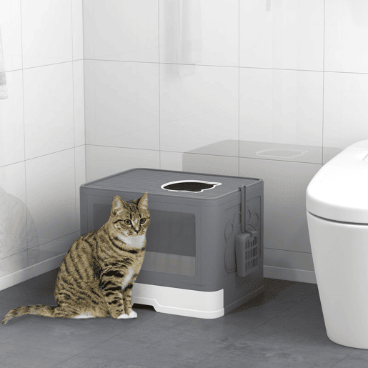 PawHut Conjunto para Animais de Estimação inclui 1 Rack de Escalada para Gatos Montado na Parede de 4 Peças e 1 Caixa de Areia para Gatos Coberta com Escova Pá e 2 portas cinza
