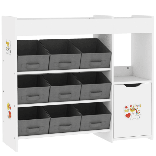 AIYAPLAY Estante para Brinquedos Infantil Organizador Montessori com 9 Cestos Removíveis, Compartimentos e Autocolantes para Creche ou Sala de Brincadeiras, 92x30x80 cm, Branco