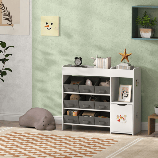 AIYAPLAY Estante para Brinquedos Infantil Organizador Montessori com 9 Cestos Removíveis, Compartimentos e Autocolantes para Creche ou Sala de Brincadeiras, 92x30x80 cm, Branco