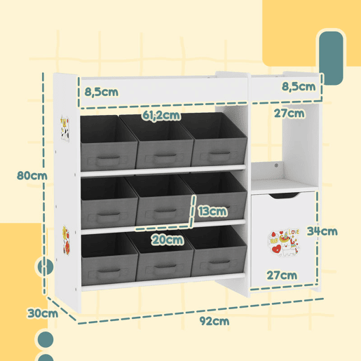 AIYAPLAY Estante para Brinquedos Infantil Organizador Montessori com 9 Cestos Removíveis, Compartimentos e Autocolantes para Creche ou Sala de Brincadeiras, 92x30x80 cm, Branco