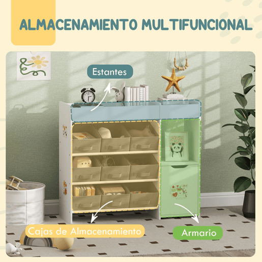 AIYAPLAY Estante para Brinquedos Infantil Organizador Montessori com 9 Cestos Removíveis, Compartimentos e Autocolantes para Creche ou Sala de Brincadeiras, 92x30x80 cm, Branco