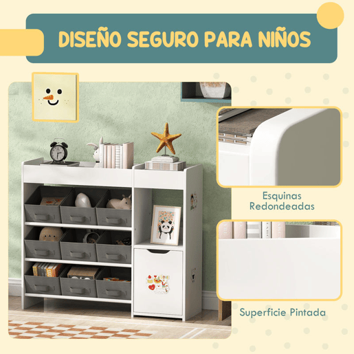 AIYAPLAY Estante para Brinquedos Infantil Organizador Montessori com 9 Cestos Removíveis, Compartimentos e Autocolantes para Creche ou Sala de Brincadeiras, 92x30x80 cm, Branco