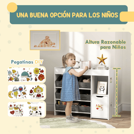 AIYAPLAY Estante para Brinquedos Infantil Organizador Montessori com 9 Cestos Removíveis, Compartimentos e Autocolantes para Creche ou Sala de Brincadeiras, 92x30x80 cm, Branco