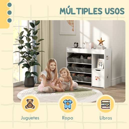 AIYAPLAY Estante para Brinquedos Infantil Organizador Montessori com 9 Cestos Removíveis, Compartimentos e Autocolantes para Creche ou Sala de Brincadeiras, 92x30x80 cm, Branco