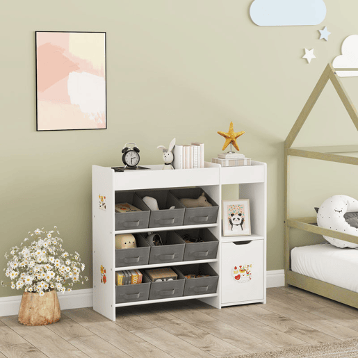 AIYAPLAY Estante para Brinquedos Infantil Organizador Montessori com 9 Cestos Removíveis, Compartimentos e Autocolantes para Creche ou Sala de Brincadeiras, 92x30x80 cm, Branco