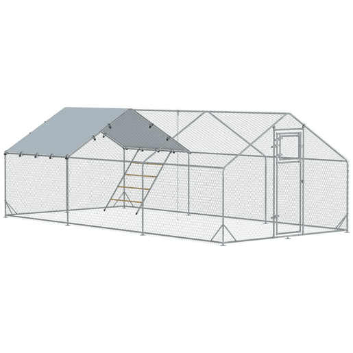 PawHut Galinheiro para Exterior 18 m² 3x6x1,95 m para 18-24 Galinhas Galinheiro em Aço Galvanizado com Poleiro, Comedouro Suspenso Tipo Espeto, Fecho, Cobertura Anti-UV Impermeável para Coelhos, Prata