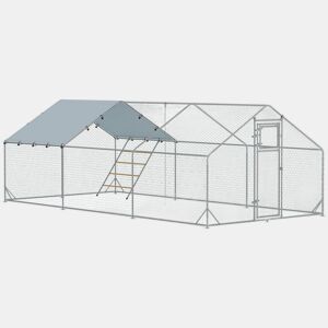 PawHut Galinheiro para Exterior 18 m² 3x6x1,95 m para 18-24 Galinhas Galinheiro em Aço Galvanizado com Poleiro, Comedouro Suspenso Tipo Espeto, Fecho, Cobertura Anti-UV Impermeável para Coelhos, Prata