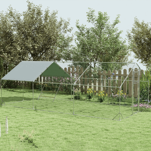 PawHut Galinheiro para Exterior 18 m² 3x6x1,95 m para 18-24 Galinhas Galinheiro em Aço Galvanizado com Poleiro, Comedouro Suspenso Tipo Espeto, Fecho, Cobertura Anti-UV Impermeável para Coelhos, Prata