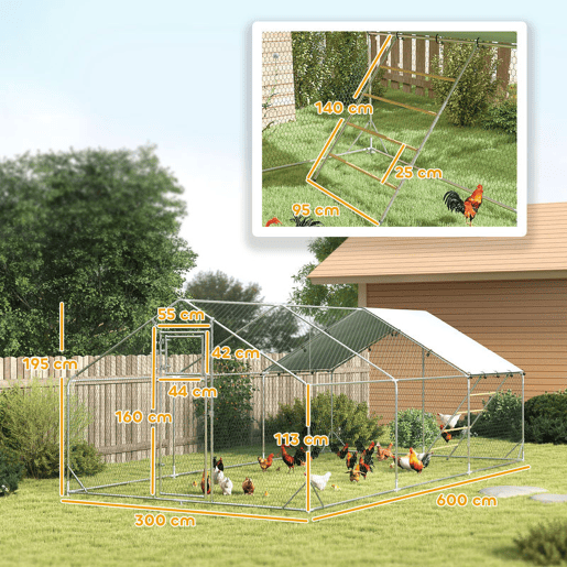 PawHut Galinheiro para Exterior 18 m² 3x6x1,95 m para 18-24 Galinhas Galinheiro em Aço Galvanizado com Poleiro, Comedouro Suspenso Tipo Espeto, Fecho, Cobertura Anti-UV Impermeável para Coelhos, Prata