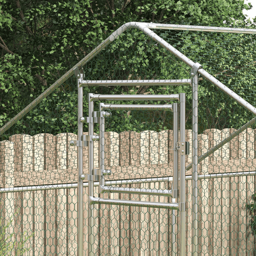 PawHut Galinheiro para Exterior 18 m² 3x6x1,95 m para 18-24 Galinhas Galinheiro em Aço Galvanizado com Poleiro, Comedouro Suspenso Tipo Espeto, Fecho, Cobertura Anti-UV Impermeável para Coelhos, Prata