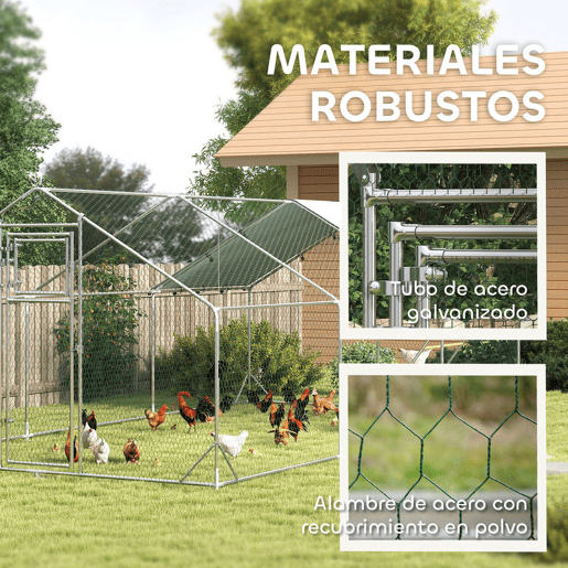 PawHut Galinheiro para Exterior 18 m² 3x6x1,95 m para 18-24 Galinhas Galinheiro em Aço Galvanizado com Poleiro, Comedouro Suspenso Tipo Espeto, Fecho, Cobertura Anti-UV Impermeável para Coelhos, Prata