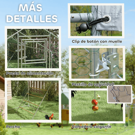 PawHut Galinheiro para Exterior 18 m² 3x6x1,95 m para 18-24 Galinhas Galinheiro em Aço Galvanizado com Poleiro, Comedouro Suspenso Tipo Espeto, Fecho, Cobertura Anti-UV Impermeável para Coelhos, Prata