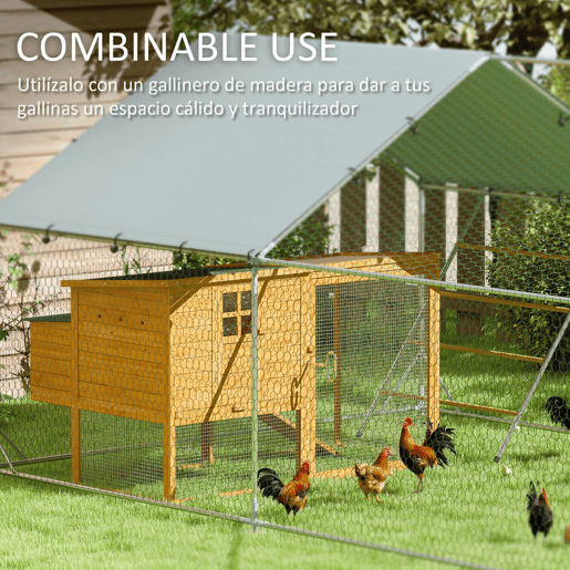 PawHut Galinheiro para Exterior 18 m² 3x6x1,95 m para 18-24 Galinhas Galinheiro em Aço Galvanizado com Poleiro, Comedouro Suspenso Tipo Espeto, Fecho, Cobertura Anti-UV Impermeável para Coelhos, Prata