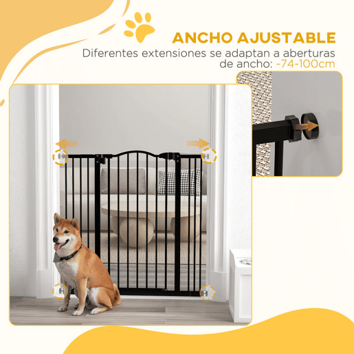 PawHut Barreira de Segurança Extensível para Cães 74-100 cm, com 2 Extensões 714 cm para Portas e Escadas, Montagem por Pressão e Duplo Fecho, Preto