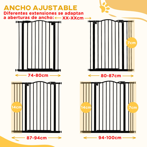 PawHut Barreira de Segurança Extensível para Cães 74-100 cm, com 2 Extensões 714 cm para Portas e Escadas, Montagem por Pressão e Duplo Fecho, Preto