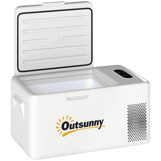 Outsunny Geleira Portátil Elétrica 16,8L Geleira de Carro 12V-220V Mini Geleira com Compressor Luz LED Ecrã Digital Modos ECO e MAX de -20? a +20? para Casa Campismo Viagens Automóvel 59x32x26 cm Creme