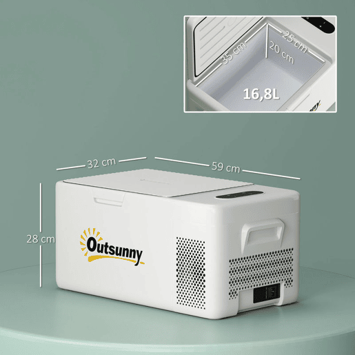 Outsunny Geleira Portátil Elétrica 16,8L Geleira de Carro 12V-220V Mini Geleira com Compressor Luz LED Ecrã Digital Modos ECO e MAX de -20? a +20? para Casa Campismo Viagens Automóvel 59x32x26 cm Creme