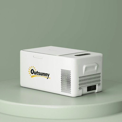 Outsunny Geleira Portátil Elétrica 16,8L Geleira de Carro 12V-220V Mini Geleira com Compressor Luz LED Ecrã Digital Modos ECO e MAX de -20? a +20? para Casa Campismo Viagens Automóvel 59x32x26 cm Creme